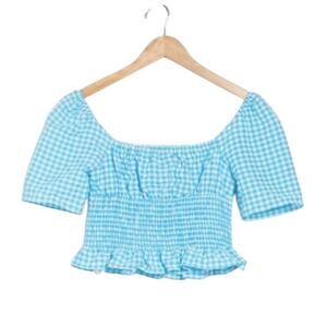 Gingham Smocked Cropped Top blue and white M